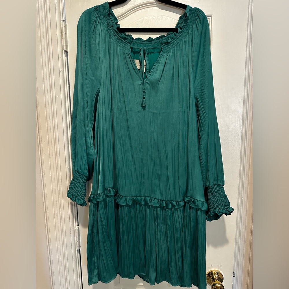 Anthropologie Giulia Blouson Tunic Dress Kelly Green Boho Preppy Womens L